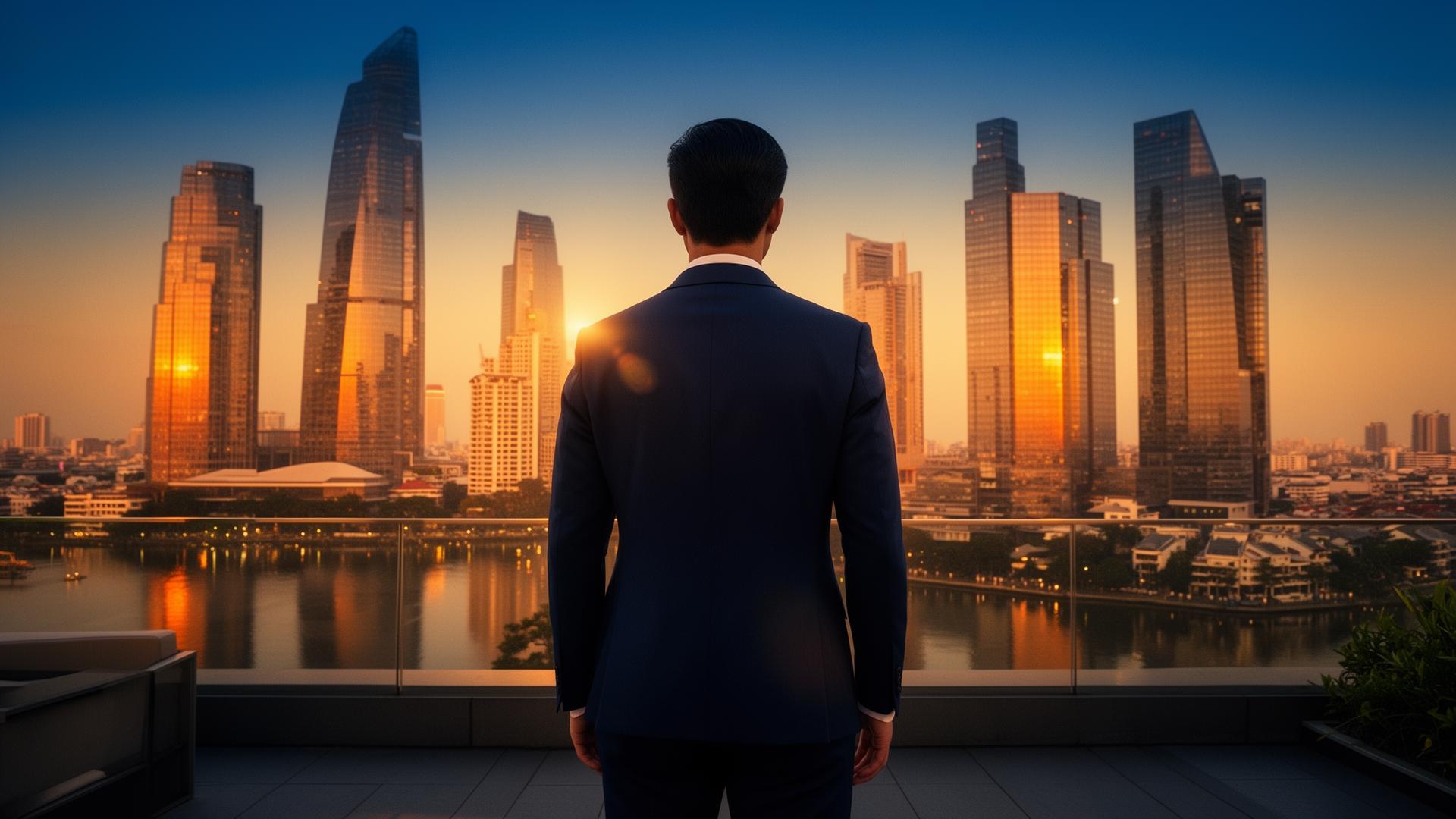 Ondernemer kijkt uit over een skyline bij zonsondergang